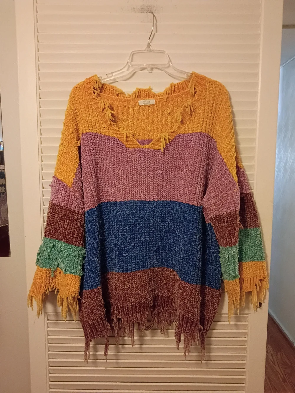 ODDY Multicolor Fringed V-Neck Sweater in Yellow, Pink, Blue, Green, Brown